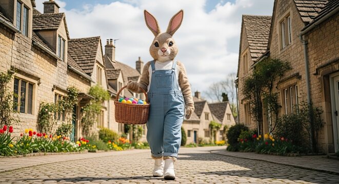 Easter bunny walking down cobblestone street with basket of colorful eggs