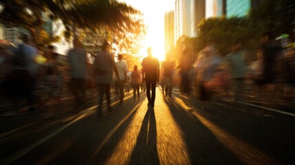 Fototapeta premium Silhouetted figures walking towards glowing sunset, capturing urban movement and energy