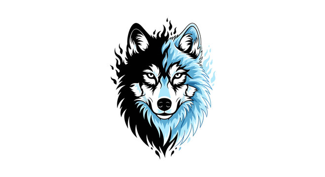 Wolf head mascot with icy blue and black flame elements
