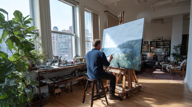 Artist with short hair painting a large seascape on easel in sunlit city loft studio