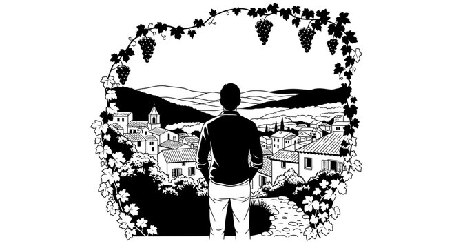 Man overlooking a traditional village through a grapevine frame