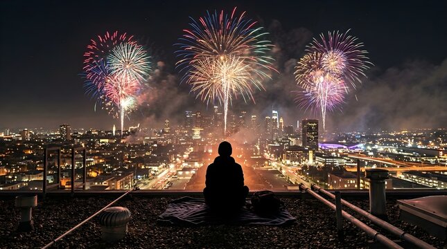 Person sitting on rooftop watching vibrant fireworks display over cityscape at night