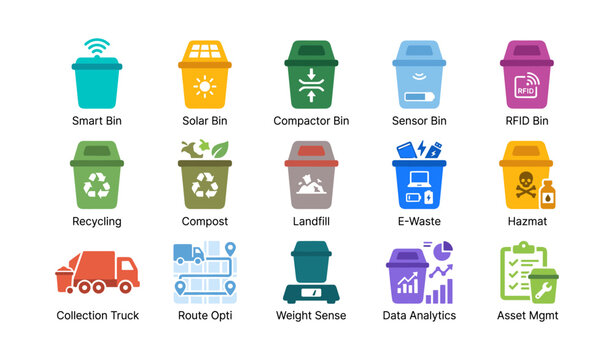 Waste bin and collection icons showing bin types on white background