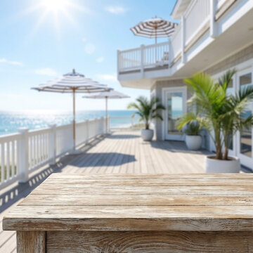 Rustic Wooden Table on Sunny Tropical Beach House Deck Background for Summer Product Presentation Mockup