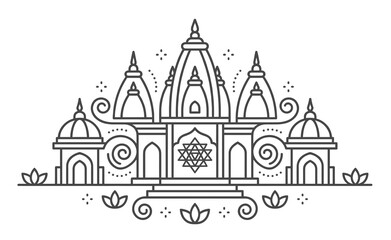 Fototapeta premium Outline vector illustration of a sacred shakti peeth Hindu temple with holy yantra and lotus motifs for spiritual pilgrimage design.