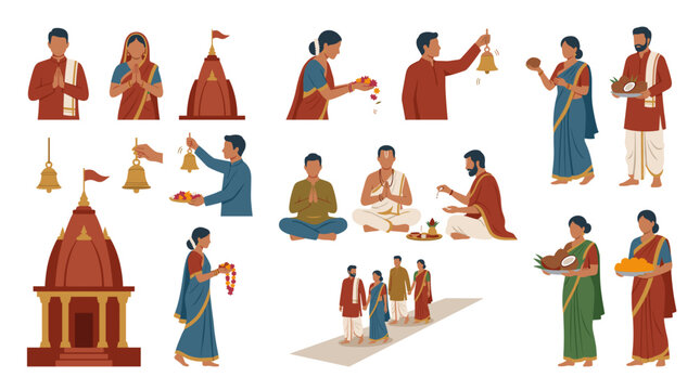 Flat vector set of Hindu devotees performing puja at shakti peeth temple with priest, holy offerings, bell, and traditional clothes for religious pilgrimage design.
