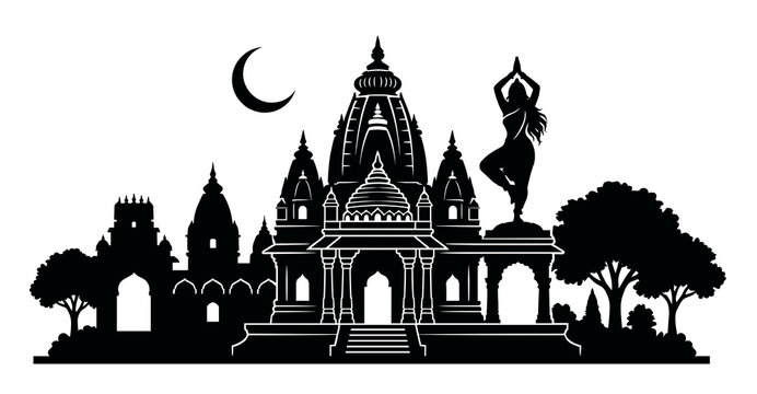 Black silhouette vector illustration of a sacred shakti peeth temple complex at night with divine goddess statue and crescent moon.