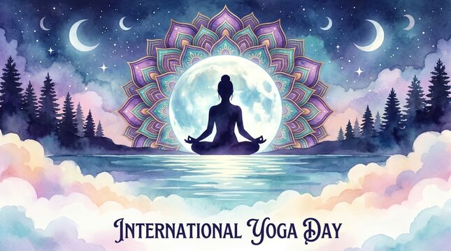 International yoga day meditation illustration with mandala frame and sunset reflection in calm spiritual background design