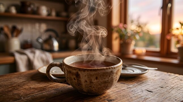 Steaming cup of coffee on a rustic wooden table by the window at sunrise with plants