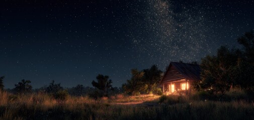 Fototapeta premium Nighttime cottage illuminated under a starry sky rural landscape illustration