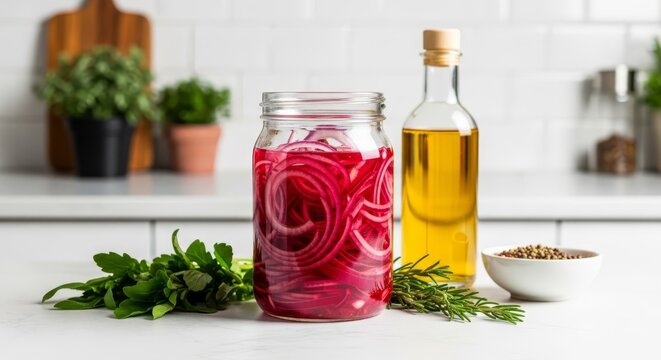 Vibrant jar of pickled red onions with oil and fresh herbs, showcasing delicious homemade ingredients