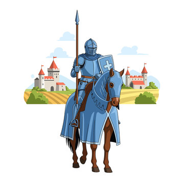 Medieval Knight in Full Armor Riding Horse with Spear and Shield