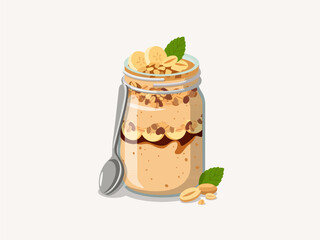 Peanut Butter Banana Overnights Oats with Granola and Mint Leaf Illustration © Akasha Design