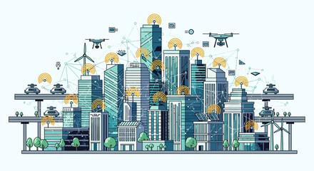 Fototapeta premium Smart City Technology: Futuristic Urban Landscape with Drones, EVs, and Connectivity