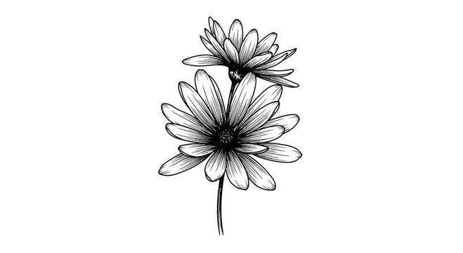 Hand drawn daisy flowers botanical sketch in black ink line art