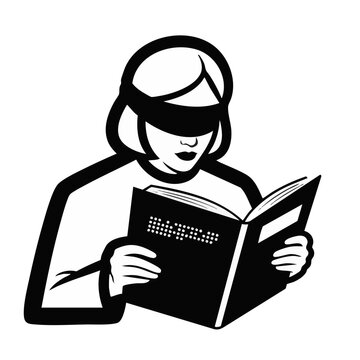 Blind woman reading braille book concept. Black and white vector illustration isolated on transparent background