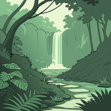 Enchanting waterfall in a lush green forest with a stepping stone path stepping stones waterfall landscape tropical peaceful tranquil environment outdoors illustration stylized cascading