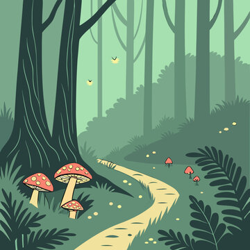 Enchanted forest path with whimsical mushrooms and glowing fireflies forest floor glowing lights fairy tale fantasy landscape dark woods deep forest gnarled trees magical forest secret path