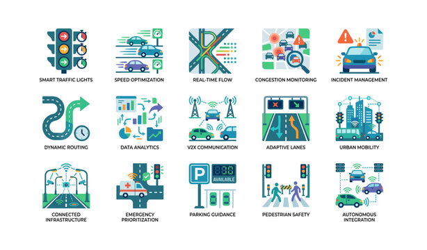Traffic and mobility icons showing smart transport on white background