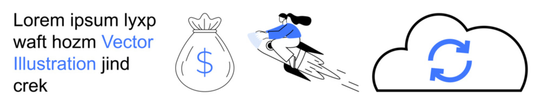 Finance, cloud storage, data security, online transactions, financial growth, innovation. Woman riding rocket, money bag cloud with sync icon. Finance and cloud storage concepts
