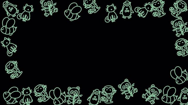 Green Hand Drawn Animal Icons Grid Frame 4K Transparent Loop