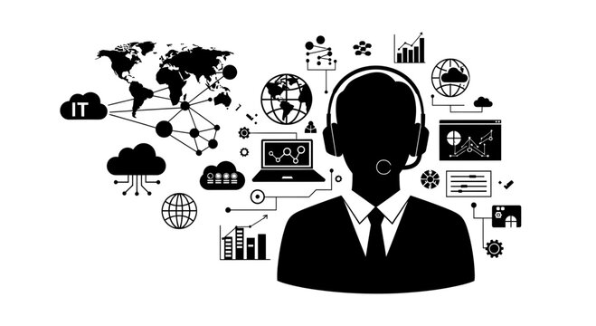 IT support specialist with global technology and data icons