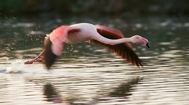 Action Wildlife Photo: Pink Greater Flamingo Taking Off from a Lake