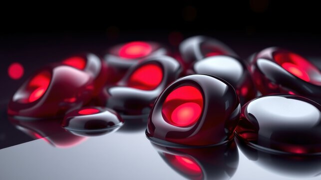 Glossy red objects reflect light. Dark background emphasizes smooth surfaces, creating dramatic visual impact. Minimalist composition.