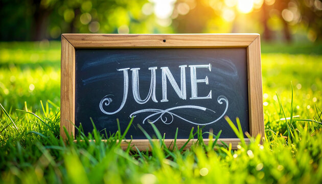 Chalkboard with bold elegant white chalk JUNE lettering on lush vibrant green park grass, summer season, new month, fresh and joyful summer