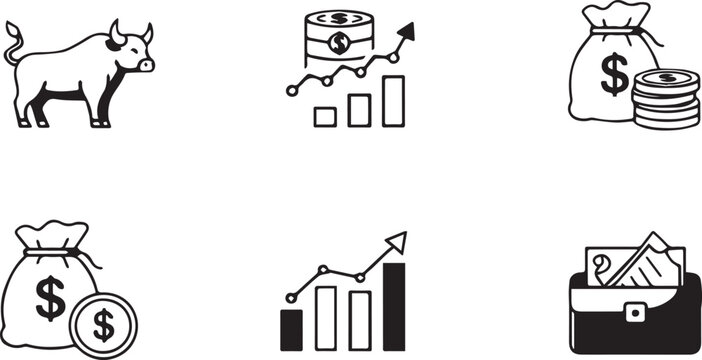 Financial icons depict business growth with money and a bull in illustrations