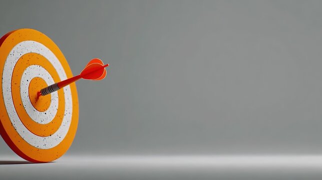 Minimalist 3D render of copper orange dart and matching bullseye, white rings for contrast, tilted on pale grey surface.