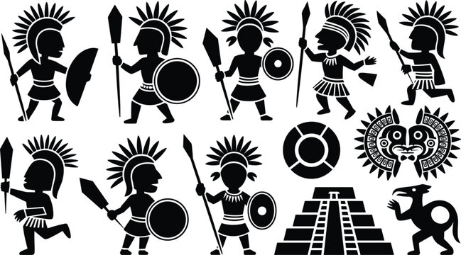 Ancient Warriors And Symbols In Black Silhouette Style soldier tribal
