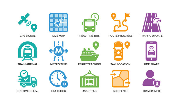 Transport and tracking icons for transit services on white