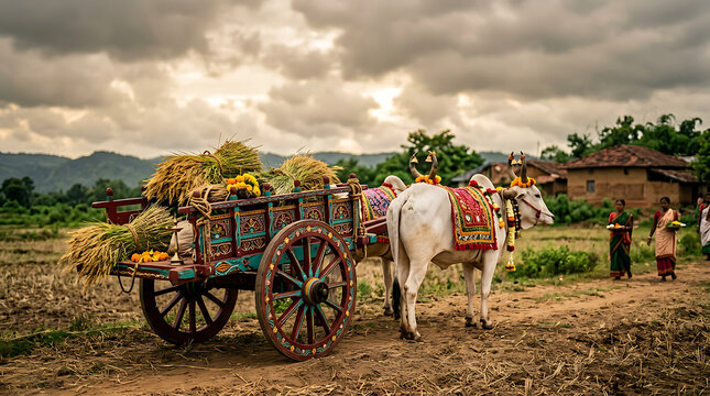Traditional decorated bullock cart for Kharchi Puja festival India