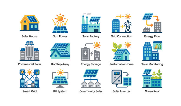 Solar energy icons showing panels and systems on white background