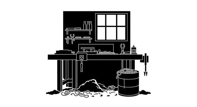 Carpentry workbench in a traditional woodworker studio