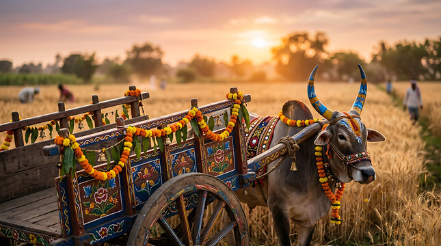 Traditional Decorated Bullock Cart at Sunset for Kharchi Puja
