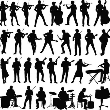 Diverse Silhouettes of Musicians Playing Various Instruments and Performing violin cello