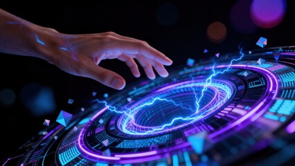 Obraz premium Human hand interacting with futuristic digital interface