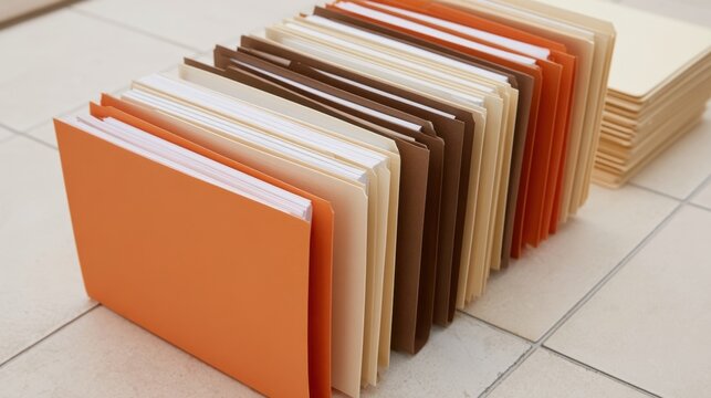 Organized assortment of orange brown beige paper folder files standing upright on light tiled floor in neat row for office document storage and sorting