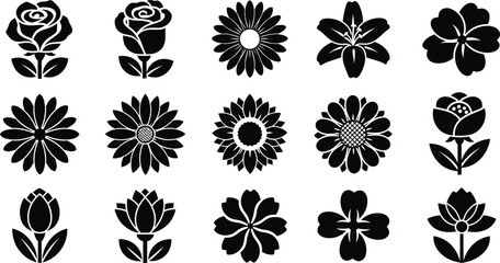 Black floral 16 flower silhouettes on white background, flowers © Graphic Shops
