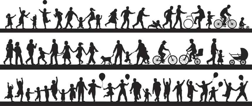 Silhouette Collection of Families and Children Engaged in Activities with Balloons and Strollers family