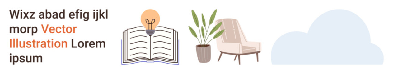 Education, creativity, minimalism, cozy workspace design, digital concepts, learning tools. Open book with lightbulb, chair with plant cloud. Education and creativity © robu_s