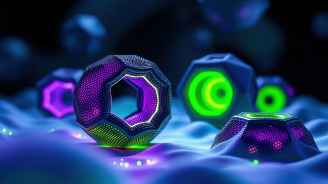 Futuristic polygonal objects glow, resting upon undulating blue surface. Vibrant purple, green hues dominate dark background. Complex geometry visible.
