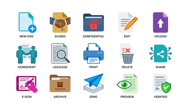 Document management icons showing actions like edit and share