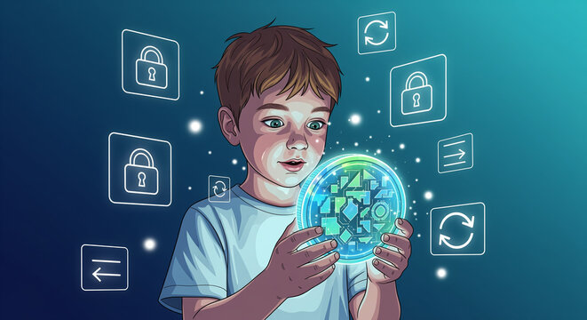 A young boy excitedly holds a glowing orb surrounded by security icons.