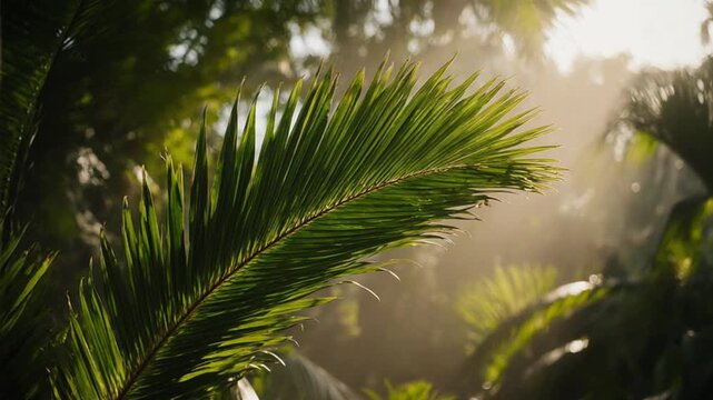 Cinematic macro shot of tropical green palm leaves glowing under warm golden sunlight with a soft blurred background, concept of tranquil nature.