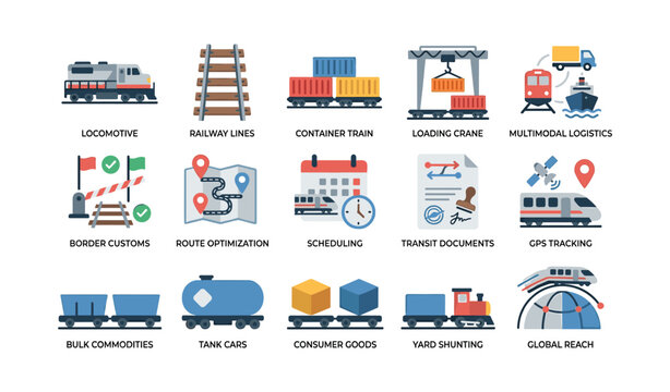 Rail freight icons showing logistics operations and transport