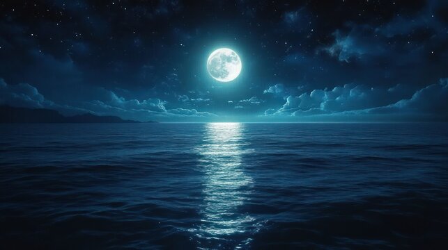 Full moon above a calm ocean casting a silver reflection across gentle waves, starry sky with clouds and distant coastline silhouette, a tranquil and peaceful night scene