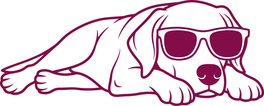 Cool dog wearing sunglasses lying down relaxed on transparent background.